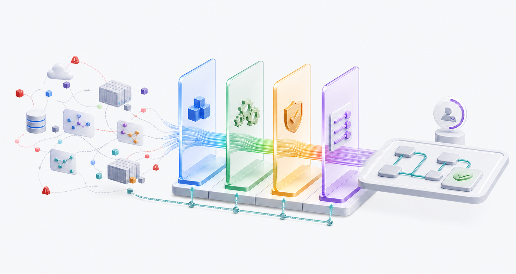 Scattered AI workloads pass through context, execution, verification, and control planes into a governed production workflow.