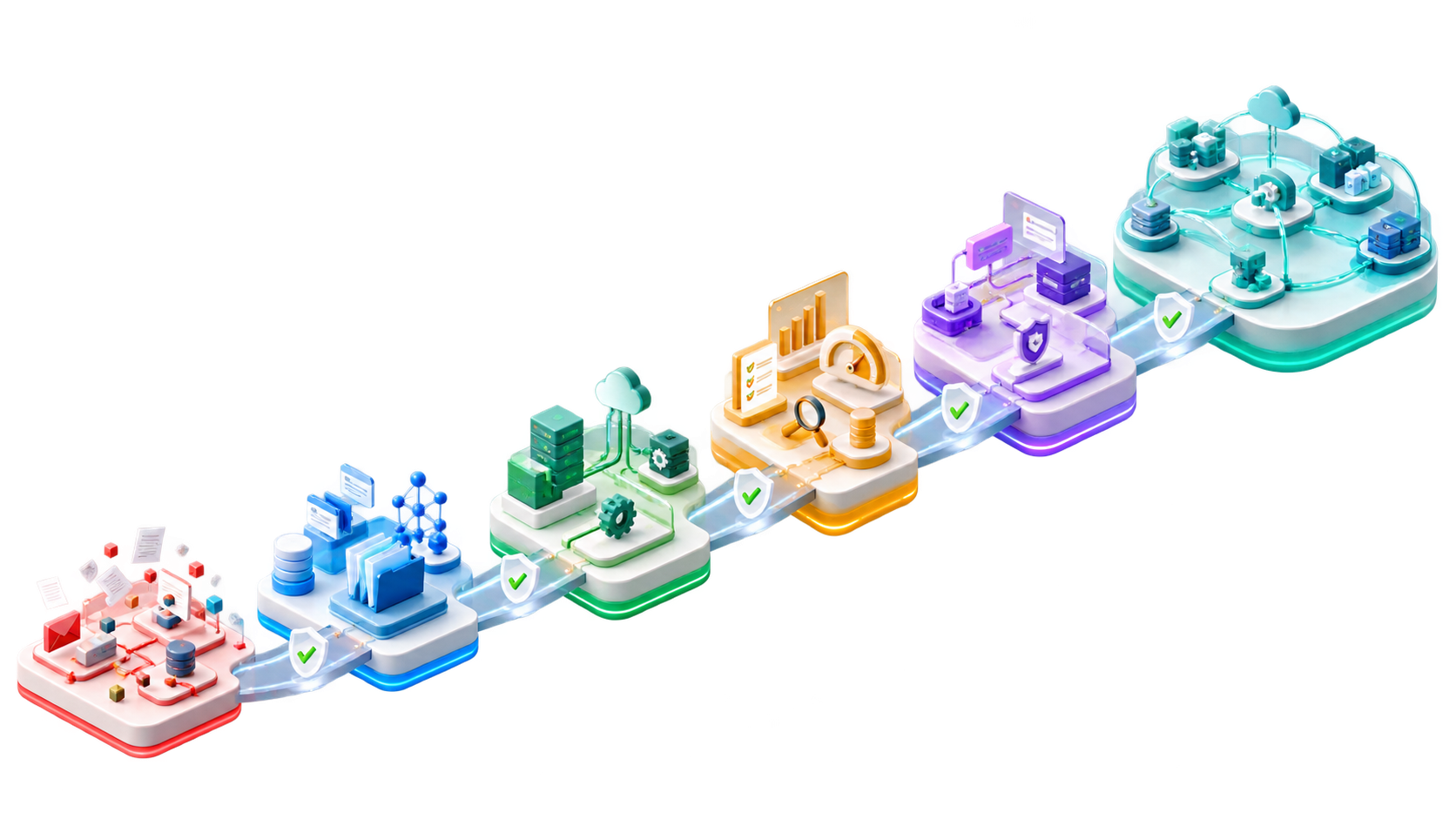 Six maturity stages advance from fragmented experiments to a federated network, with evidence gates between each stage.